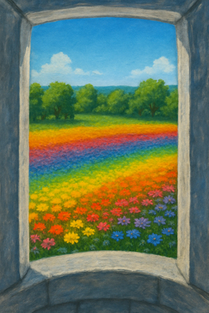 The desert blooming with rainbow flowers from the tower window